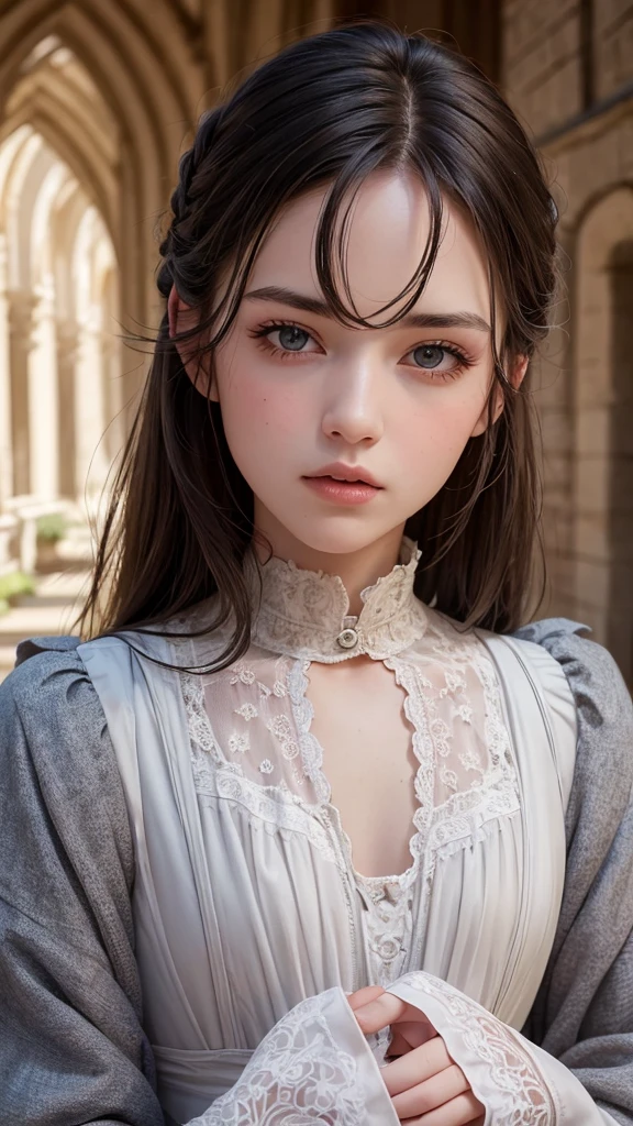 (masterpiece), best quality, expressive eyes, perfect face, cinematic scene, young model in Victorian clothing, head up, mouth half open, light makeup, internal garden in the courtyard of a medieval castle in the background, intricate, insanely detailed, ultra realistic, DSLR, 8K