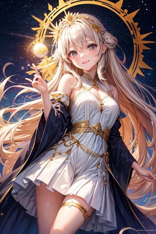 ( high quality , Super detailed, Watch your hands )Zodiac sign - Gemini Goddess , Similar to the goodness of Latin , Twin Goddesses , Curious, Skillful, Humorous, Fascinating, Imaginative faces , Sometimes unrealistic, Restless, Nervous, Careless style , Light brown eyes , Light blonde hair , Transparent dress , In the windy sea , whole body , Sexy Makeup ,