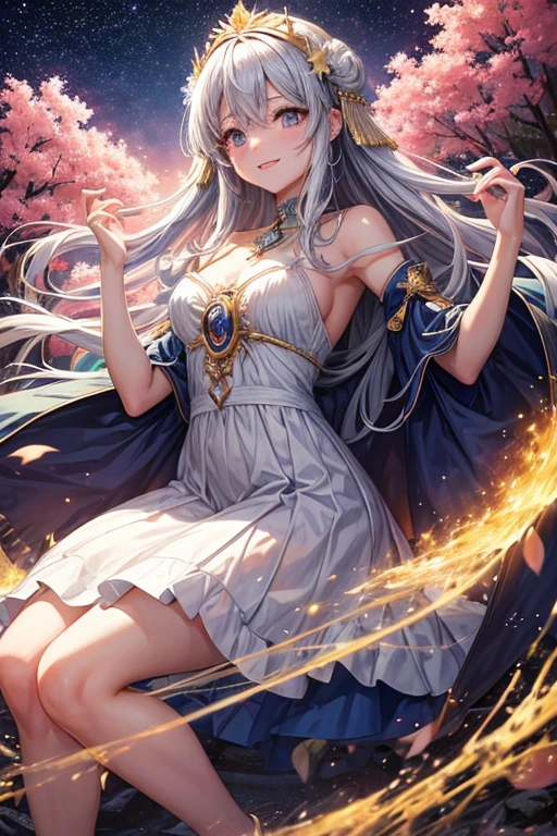 Imagine an anime girl with ethereal beauty, como si hubiera sido esculpida por los mismos artistas que pintaron las estrellas en el cielo nocturno. Su cabello fluye como una cascada de hilos dorados, capturando la luz del sol en cada hebra. Sus ojos son dos esmeraldas brillantes, llenos de vida y misterio, reflecting a spirit that is both ancient and eternally young. La piel de la chica tiene el suave resplandor del alba, and her smile is so radiant that it could illuminate even the darkest corners of the heart.”