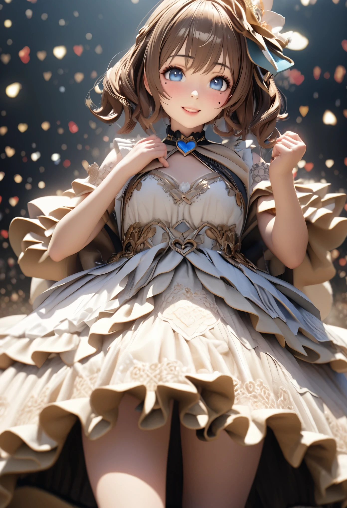 One Girl、Looking at the audience、
Beautiful Blue Eyes、Brown short hair、Mole under the eye、Plump and glossy lips、Heart-shaped choca、Idol、smile、ー、。.。.。.。.。.。.。.。.。.。.。.。.。.。.。.。.。.。.3D、Realistic、
Princess dress with too many frills、Drape clothes、gem、The decoration has been removed、Floral、Lace trim、bright stage、
masterpiece、highest quality、8k、Detailed skin texture、Detailed cloth texture、Beautifully detailed face、Intricate details、Very detailed、
超A high resolution、8K Ultra HD、Film Grain、Best Shadow、delicate、Staring at the audience、front
