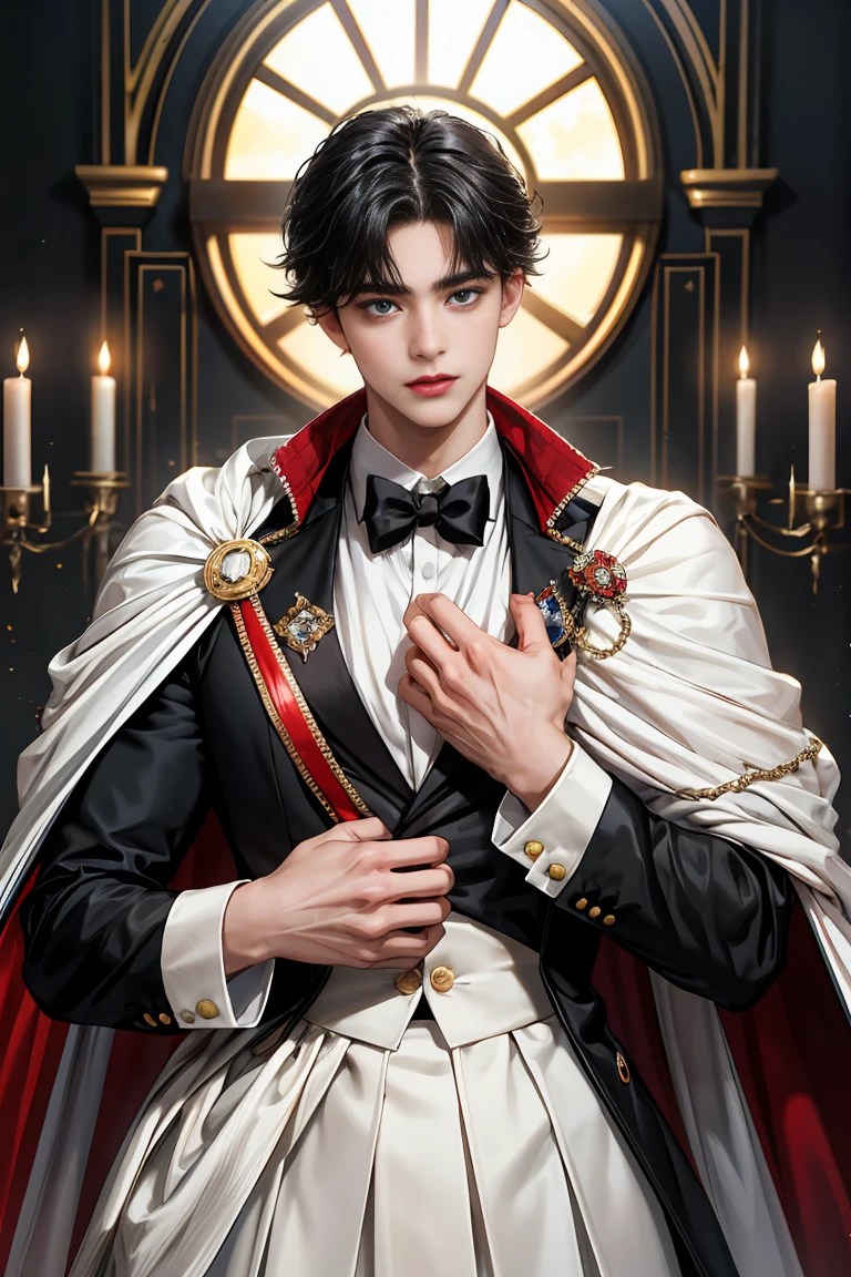 masterpiece, 最high quality, high quality, 1 boy, alone, Male focus, Watching the audience, Messy black hair, Adorable big blue eyes, White, Noble, Noble,Sexy voluminous cape、Tuxedo、A very voluminous, large, very large, very large, long, long red and black cape with a high stand-up collar, reaching down to the floor, made of a lot of fabric., 17 years old,Cute beautiful boys,Cute, cute, kind, handsome guy