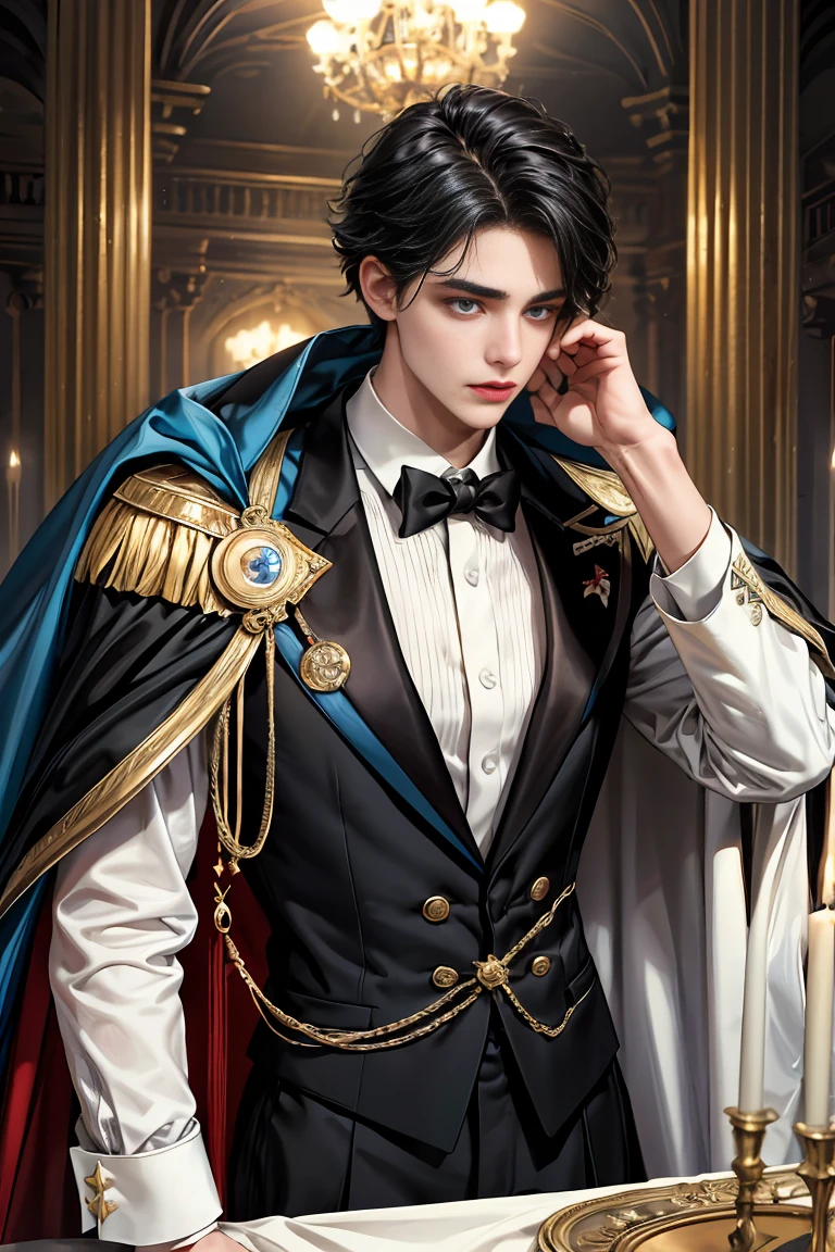 masterpiece, 最high quality, high quality, 1 boy, alone, Male focus, Watching the audience, Messy black hair, Adorable big blue eyes, White, Noble, Noble,Sexy voluminous cape、Tuxedo、A very voluminous, large, very large, very large, long, long red and black cape with a high stand-up collar, reaching down to the floor, made of a lot of fabric., 17 years old,Cute beautiful boys,Cute, cute, kind, handsome guy