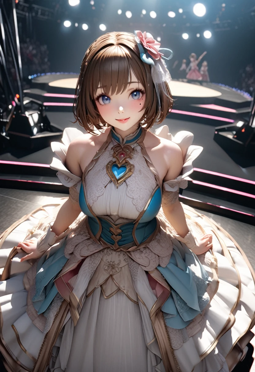 One Girl、Looking at the audience、
Beautiful Blue Eyes、Brown short hair、Mole under the eye、Plump and glossy lips、Heart-shaped choca、Idol、smile、ー、。.。.。.。.。.。.。.。.。.。.。.。.。.。.。.。.。.。.3D、Realistic、
Princess dress with too many frills、Drape clothes、gem、The decoration has been removed、Floral、Lace trim、bright stage、
masterpiece、highest quality、8k、Detailed skin texture、Detailed cloth texture、Beautifully detailed face、Intricate details、Very detailed、
超A high resolution、8K Ultra HD、Film Grain、Best Shadow、delicate、Staring at the audience、front