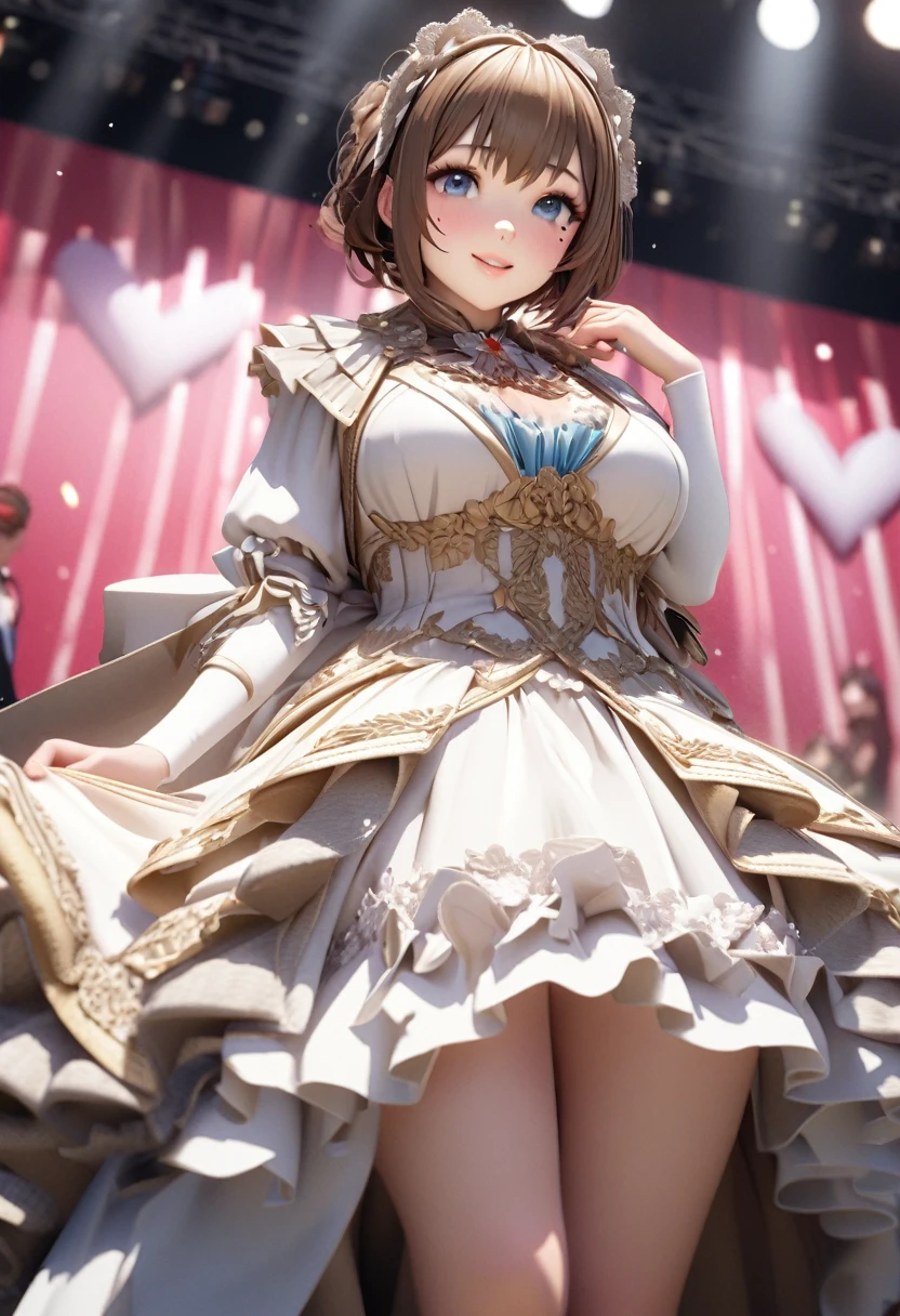 One Girl、Looking at the audience、
Beautiful Blue Eyes、Brown short hair、Mole under the eye、Plump and glossy lips、Heart-shaped choca、Idol、smile、ー、。.。.。.。.。.。.。.。.。.。.。.。.。.。.。.。.。.。.3D、Realistic、
Princess dress with too many frills、Drape clothes、gem、The decoration has been removed、Floral、Lace trim、bright stage、
masterpiece、highest quality、8k、Detailed skin texture、Detailed cloth texture、Beautifully detailed face、Intricate details、Very detailed、
超A high resolution、8K Ultra HD、Film Grain、Best Shadow、delicate、Staring at the audience、front