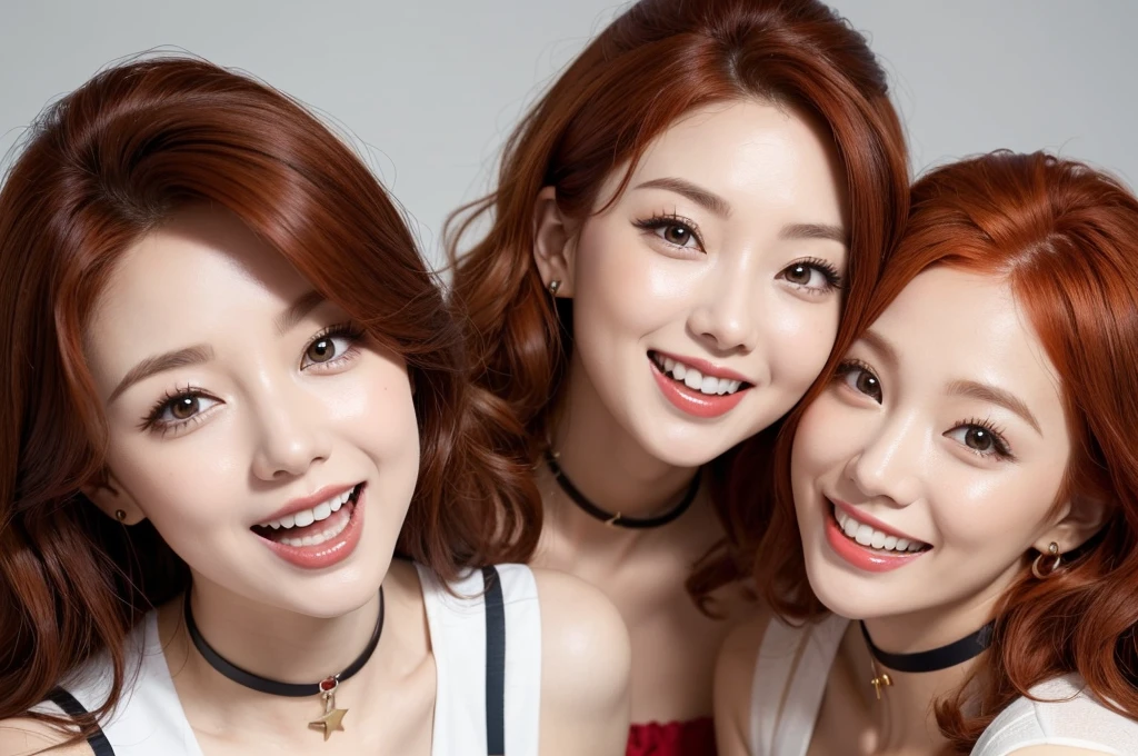 Dressed as a kindergarten teacher、Two energetic and sexy women, Kneel, short, Bright red and auburn curly hair, choker, Happy open mouth, Portraiture, Close-up of face, View from above