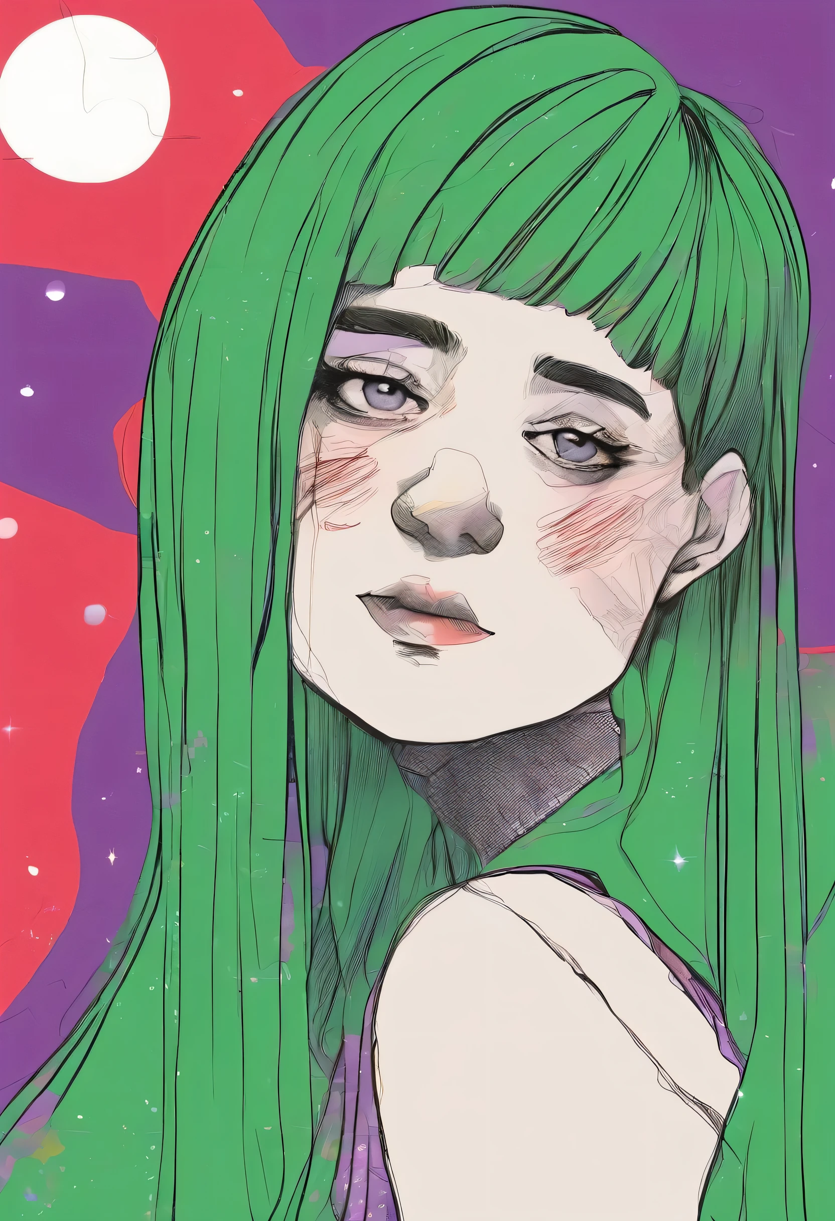 One girl, bangs,is short、sea-green Tank top、Red and blue gradient hair, Full moon、evening, ginkgo leaf, Slope, Slope background, Slope sky, Tank top、bangsis short、 Long Hair, moon, Spring Green Background, Purple Sky, alone, sunset, Twilight, Upper Body, Green background, crimson sky, Malachite's Theme, Pop Surrealism , Highest quality、Drawing paper texture、pop surrealism
pop art
drawing、Sendangle Art