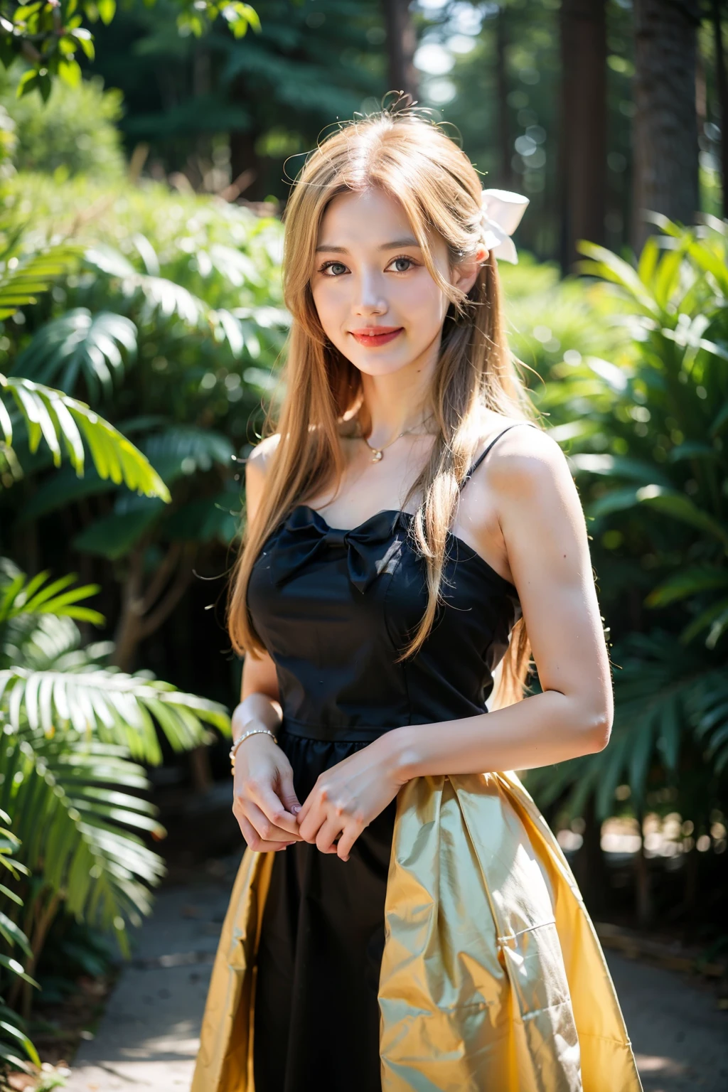 VElf,(8k, RAW Photos, highest quality, masterpiece:1.2),Super detailed,blonde,blue eyes,RPG,princess,smile,battledress,moving,in forest,she has bow