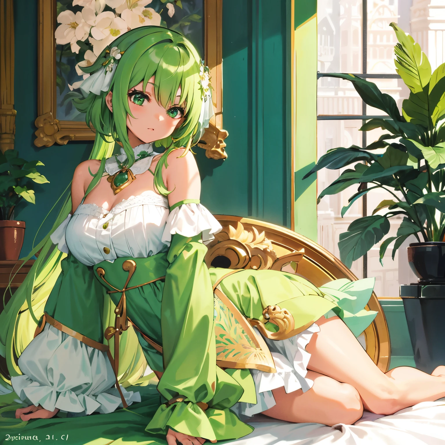 Cute 2D Anime Girl:
Hues of vibrant green dominate the scene as a  figure clad in a full, flowing green dress adorns the room. The short, lush emerald locks fall gently around her shoulders, framing her vivid green eyes that sparkle with youthful innocence. The detail in the room is meticulously crafted, from the delicate patterns on the walls to the intricate furniture design, showcasing a super detailed room background. The overall quality of the masterpiece is nothing short of exceptional, capturing every curve and line of her striking, pretty body in all its glory. A colorful tableau of soft pastels and rich hues fills the