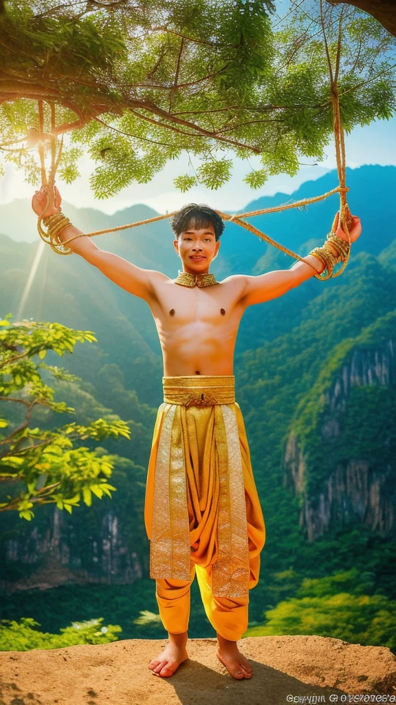 a realistic photography, A man is crucified upside down from a tree, mountain in background, There are yellow ropes at the wrists and ankles, The person should be dressed in traditional Thai ancients blue golden gowith intricate patterns and vibrant colors.wearing head a golden Thai chada, wearing a golden mixed diamonds accessories and jewellery, View from front, facing the image balance, illuminated by natural sunlight. Ensure the image is detailed and three-dimensional, capturing the essence of Thai culture, with a vivid and profound quality. The image should have 