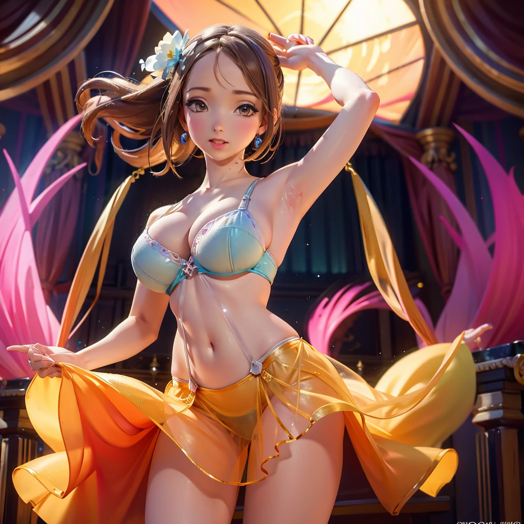 A dancer in a colorful lovely sheer dress, twirling and dancing on stage, a band playing in the background, cinematic lighting, vibrant colors, (best quality,4k,8k,highres,masterpiece:1.2),ultra-detailed,(realistic,photorealistic,photo-realistic:1.37),dynamic pose, intricate details, stunning visuals, ethereal, graceful movements, elegant, mesmerizing