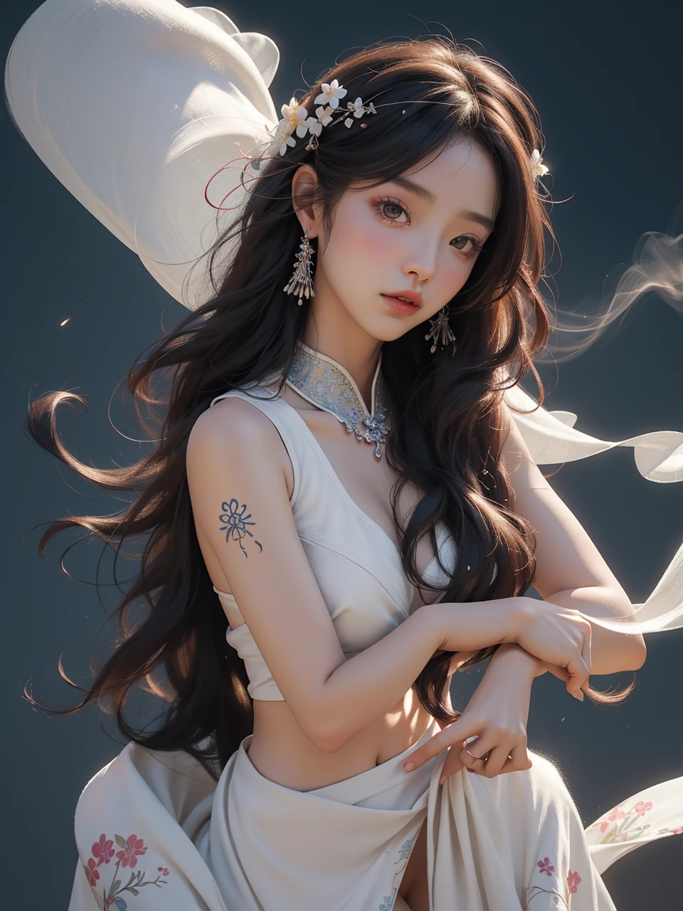 nsfw, zhongfenghua, 1girl, solo, hanfu, ancient_chinese_architecture, flower field, blossom, (white smoke:1.3) (photorealistic:1.4), zentangle, mandala, entangle, official art, unity 8k wallpaper, ultra detailed, beautiful and aesthetic, masterpiece,best quality, (dynamic angle:1.4), glowing skin, (floating colorful sparkles:1) the most beautiful form of chaos, elegant, a brutalist designed, vivid colours, romanticism depth of field exotic_dance, half_naked
