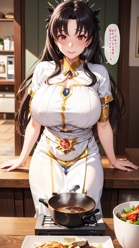 (Mature Woman:1.5), (mother:1.5), Ishtar, Fate Grand Order, (Absurd, 8k, 4K, Tabletop, Extremely detailed:1.2), highest quality, Perfect Anatomy,Perfect Face, High humidity, (alone:1.2), (Sweaty:1.3), shortness of breath, High humidity, humid, (Black Hair:1.1), Red eyes, Looking into the camera, (Very large breasts:1.5), Light clothing, apron, (kitchen;1.1), (Having a conversation:1.2), (Speech bubble:1.1), A kind smile, relief, peace of mind, mother性, Cooking, have a ladle, pot, pot-au-feu, Gentle look, nsfw