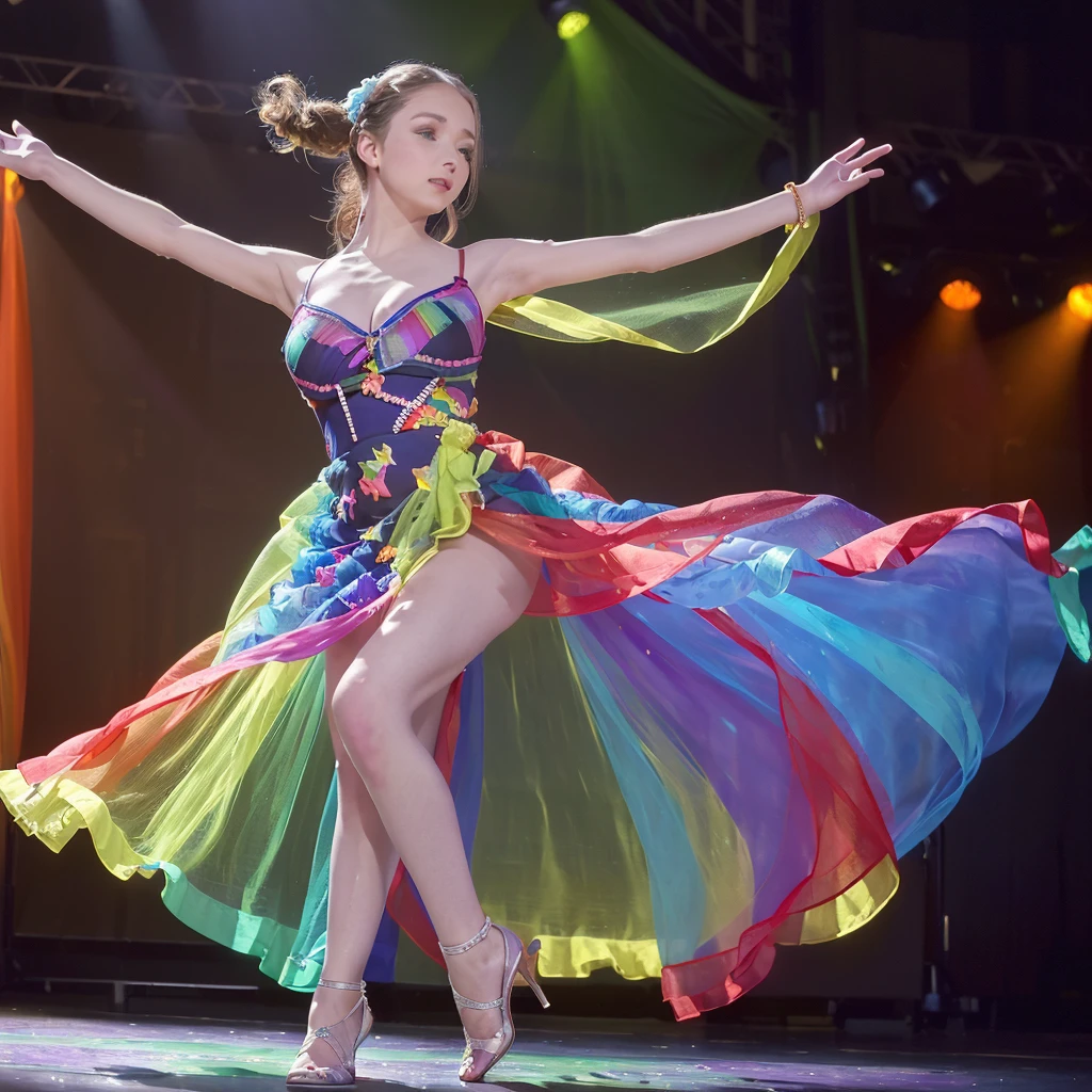 A dancer in a colorful lovely sheer dress, twirling and dancing on stage, a band playing in the background, cinematic lighting, vibrant colors, (best quality,4k,8k,highres,masterpiece:1.2),ultra-detailed,(realistic,photorealistic,photo-realistic:1.37),dynamic pose, intricate details, stunning visuals, ethereal, graceful movements, elegant, mesmerizing
