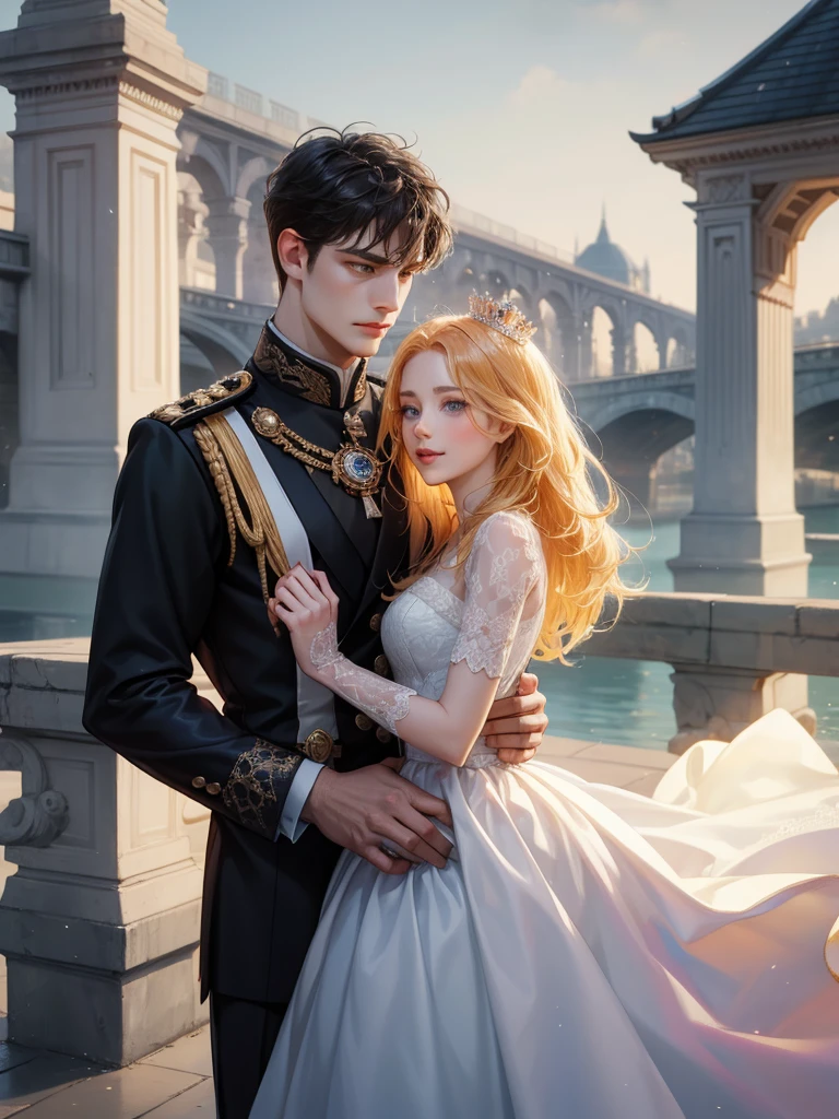 (1 man and 1 woman looking at each other on the arch bridge), Couple, princess, Crown Prince,