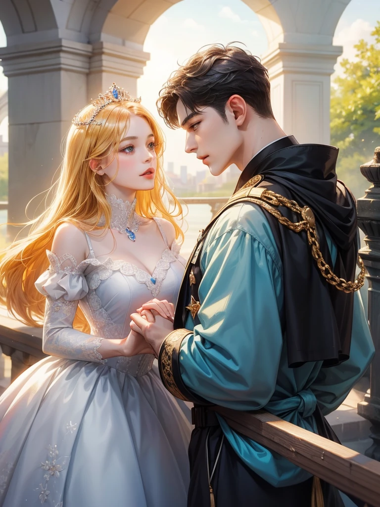 (1 man and 1 woman looking at each other on the arch bridge), Couple, princess, Crown Prince,