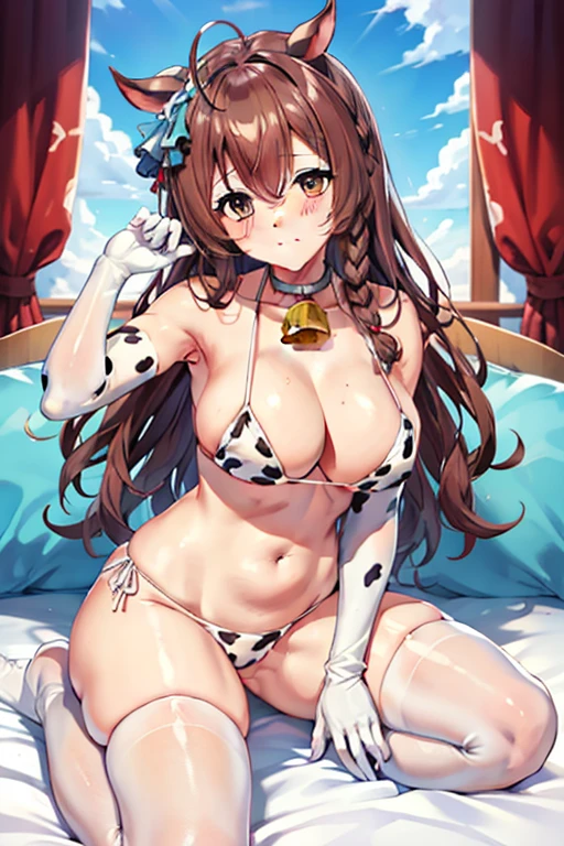mejiro_bright_(umamusume), Sexy body, sexypose, white micro bikini, cow print bikini, white cow print gloves,white gloves, cow print elbow gloves, cow kneesocks, cow bell