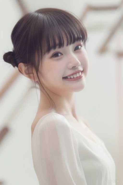 1girl,(solo:1.5),masterpiece,best quality,((photo realistic)),detailed face,(upper body:1.6),(looking at viewer:1.5),((front face)),head tilt,
aina,((straight hair)),(bangs:1.3),(mole:0.4),upper teeth,(((simple background))),(asymmetry dress),(grin:1.3),((flat chest)),long sleeves,((((up hair)))),((hair bun)),