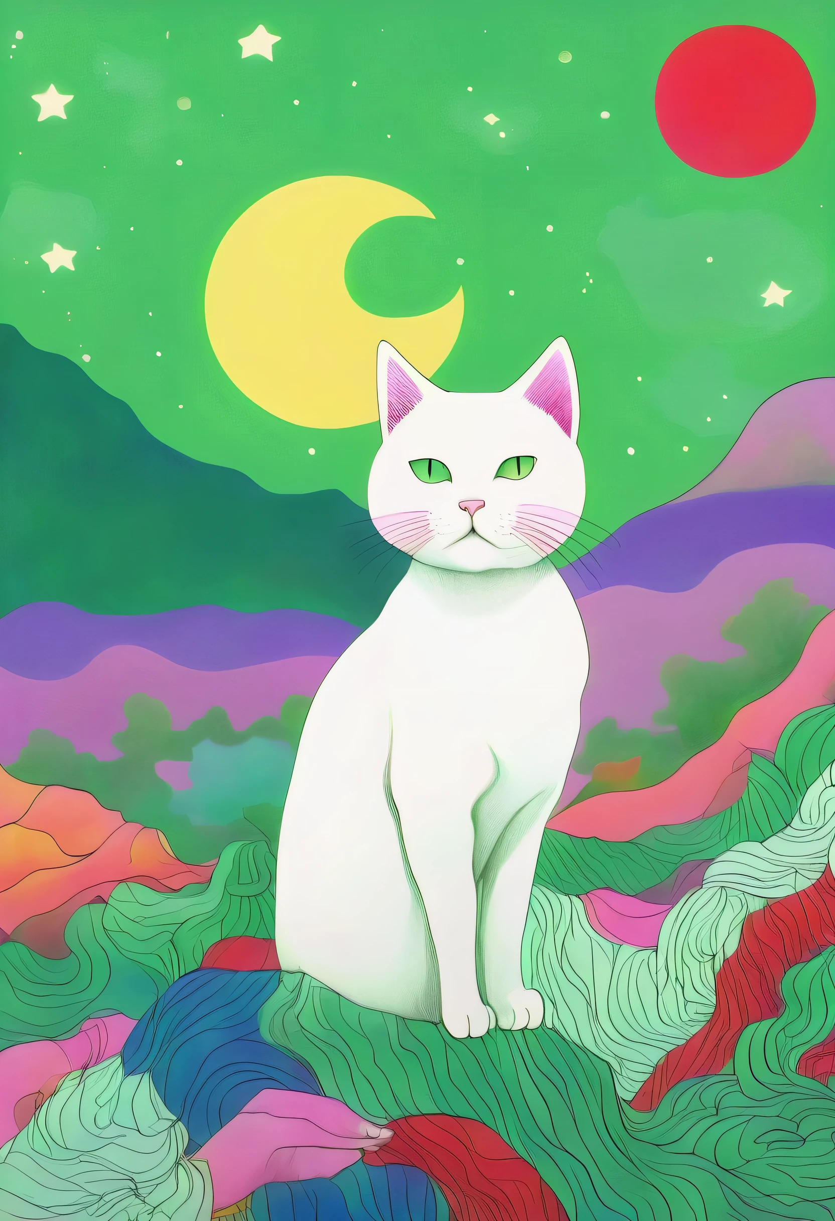 White Cat、A girl with a cat, bangs,is short、sea-green Tank top、Red and blue gradient hair, Full moon、evening, ginkgo leaf, Slope, Slope background, Slope sky, Tank top、bangsis short、 Long Hair, moon, Spring Green Background, Purple Sky, alone, sunset, Twilight, Upper Body, Green background, crimson sky, Malachite's Theme, Pop Surrealism , Highest quality、Drawing paper texture、pop surrealism
pop art
drawing、Sendangle Art