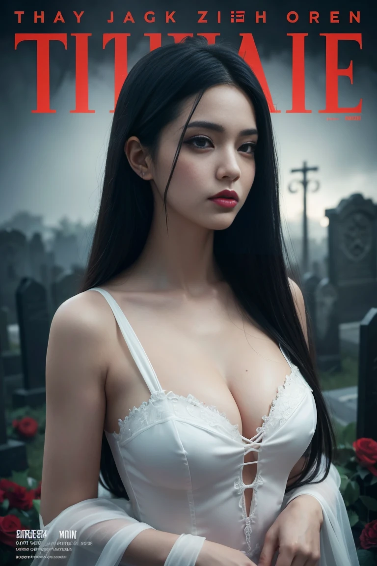 trending on artstation, illustrations, (cover of magazine: 1.3), (magazine: 1.3), (cover style: 1.3), awesome illustration, very sexy beauty woman, long black hair, perfect mouth and lips, Godmachine Style, a night rain atmosphere, graveyard with zombies background, realistic, staring at camera, wearing sexy white dress costumeawesome illustration, very sexy beauty woman, long black hair, perfect mouth and lips, Godmachine Style, a night rain atmosphere, graveyard with zombies background, realistic, staring at camera, wearing sexy white dress costume