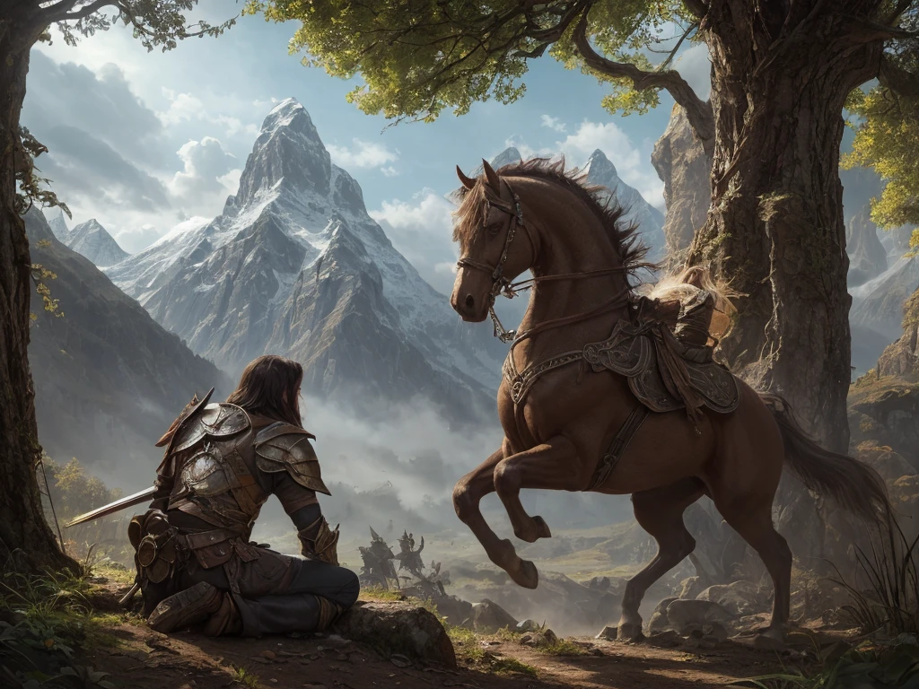 inspired by Tolkien,In the style of John Howe,detailed fantasy landscape,enchanted forests,majestic mountains,epic battles,dangerous dungeons,magical creatures,highly detailed armor,best quality,4k,8k,highres,masterpiece:1.2,ultra-detailed,realistic,photorealistic,photo-realistic:1.37,HDR,UHD,studio lighting,ultra-fine painting,sharp focus,physically-based rendering,extreme detail description,professional,vivid colors,bokeh,fantasy art