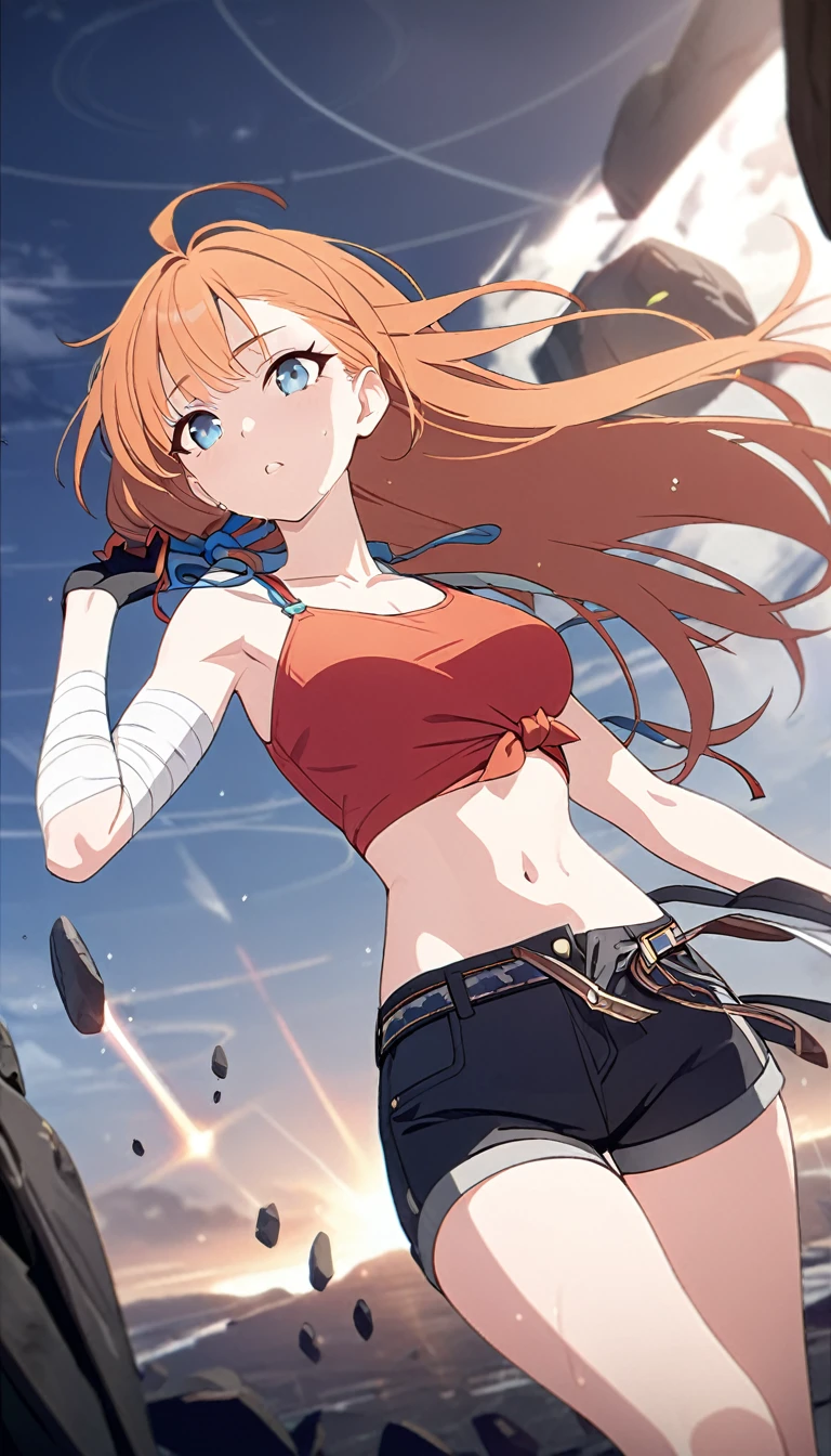 ((Best Quality, 8K, Masterpiece: 1.3)), 1girl, Beauty: 1.3, (Hairstyle wild Casual,) floating, meteors raining down, red crop top, black shorts, left leg is red mechanical, right arm is tied with bandages, right arm has a glove that goes till the bicep ,long hair, orange hair with blue tips, untied hair, orange hair color, Super Fine Face,