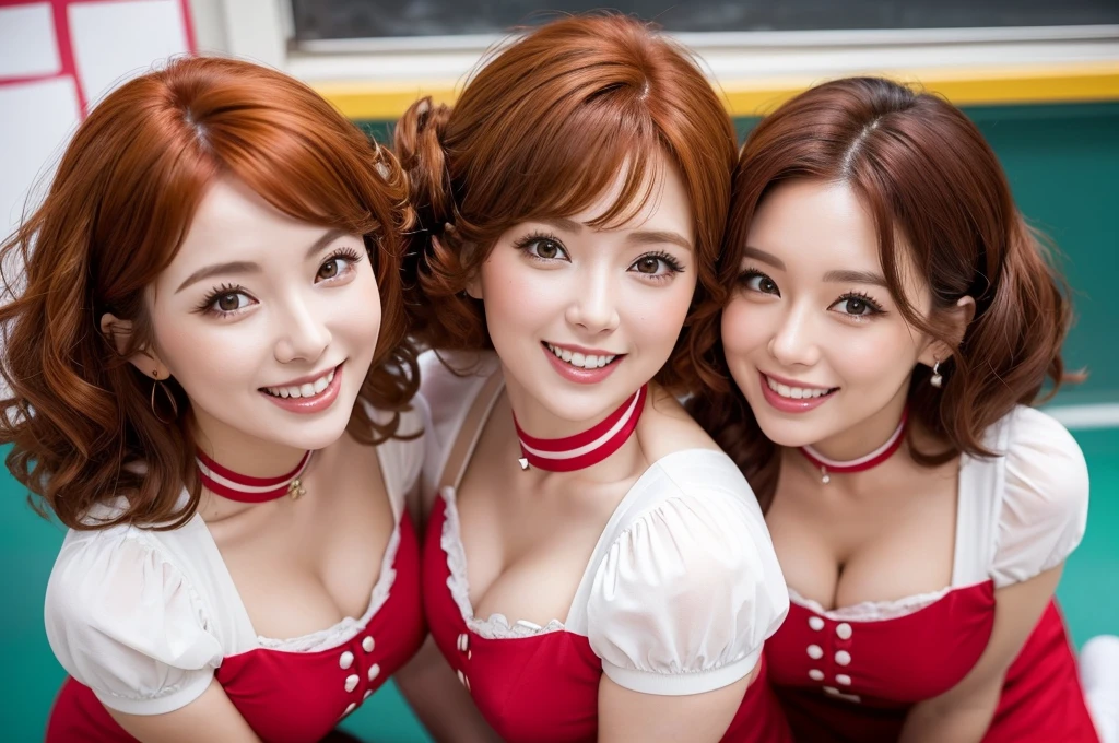 two sexy bubbly and cheerful women in  teachers outfits, kneeling, short, vibrant curly red and auburn hair, chokers, happy opened mouths, portrait, close up faces, view from above