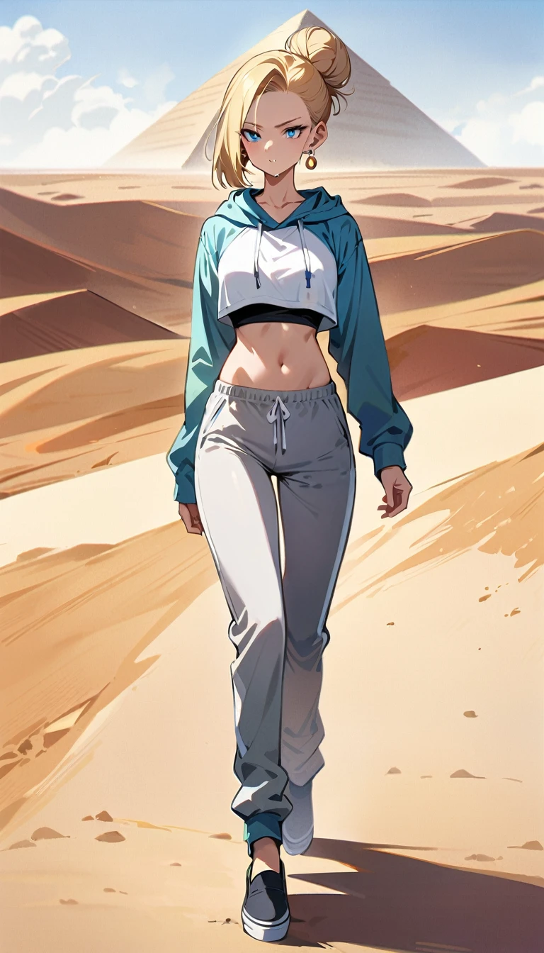 (masterpiece, best quality:1.2), solo, Android 18 from Dragon Ball, (light gray top), ((slip-on crop top)), ((long sweatpants)), ((light grey sweatpants)), (hooded jacket), thighs, midriff, small breasts, blonde hair, (single hair bun), ((blue eyes)), earrings on earlobes, slender feminine figure, narrow waistline, skinny body, long legs, Egypt, walking across desert, large pyramid in background, daytime, clear sunny sky, sweating, magnificent view, blur background, 4K