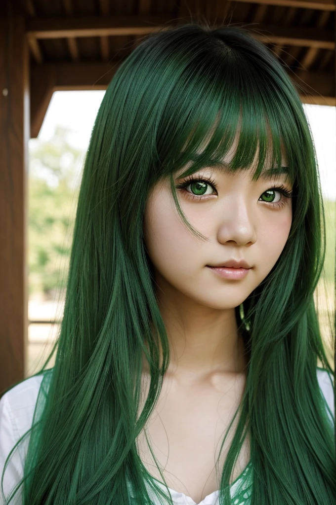 Realistic Kawaii japanese girl with green eyes , hair at the end dyed green and a title under her face with the text "Eliza"