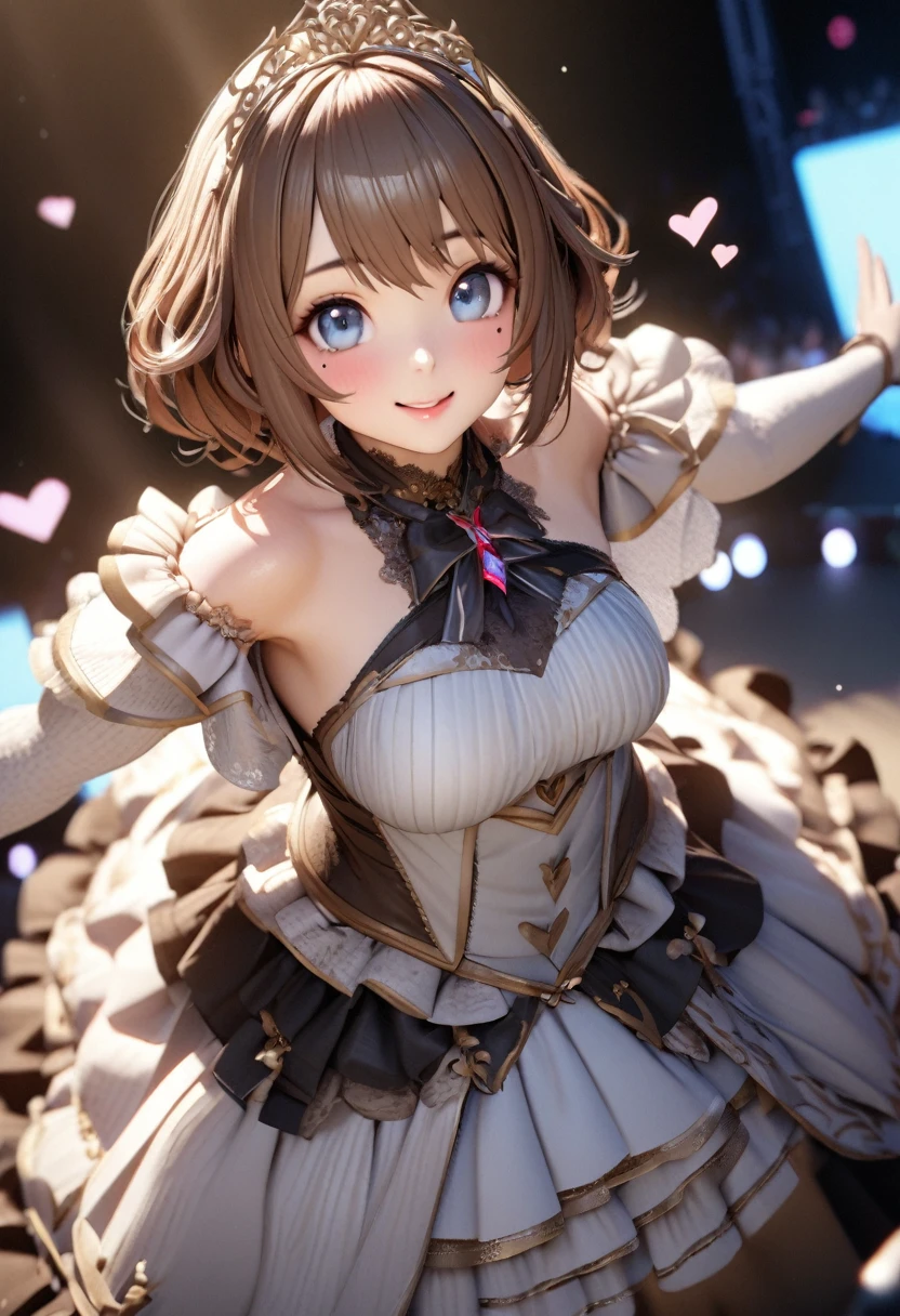 One Girl、Looking at the audience、
Beautiful Blue Eyes、Brown short hair、Mole under the eye、Plump and glossy lips、Heart-shaped choca、Idol、smile、ー、。.。.。.。.。.。.。.。.。.。.。.。.。.。.。.。.。.。.3D、Realistic、
Princess dress with too many frills、Drape clothes、gem、The decoration has been removed、Floral、Lace trim、bright stage、
masterpiece、highest quality、8k、Detailed skin texture、Detailed cloth texture、Beautifully detailed face、Intricate details、Very detailed、
超A high resolution、8K Ultra HD、Film Grain、Best Shadow、delicate、Staring at the audience、front