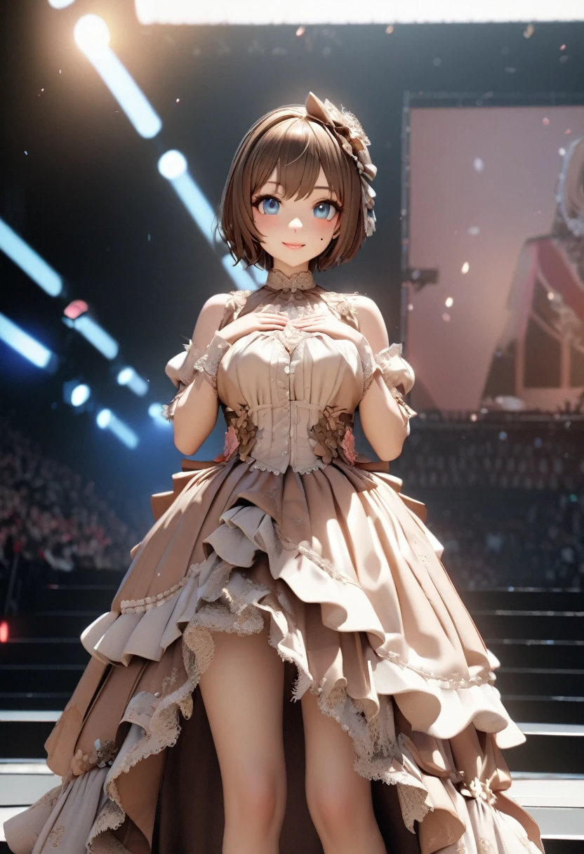 One Girl、Looking at the audience、
Beautiful Blue Eyes、Brown short hair、Mole under the eye、Plump and glossy lips、Heart-shaped choca、Idol、smile、ー、。.。.。.。.。.。.。.。.。.。.。.。.。.。.。.。.。.。.3D、Realistic、
Princess dress with too many frills、Drape clothes、gem、The decoration has been removed、Floral、Lace trim、bright stage、
masterpiece、highest quality、8k、Detailed skin texture、Detailed cloth texture、Beautifully detailed face、Intricate details、Very detailed、
超A high resolution、8K Ultra HD、Film Grain、Best Shadow、delicate、Staring at the audience、front