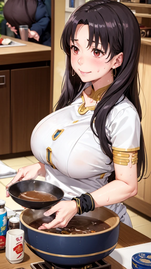 (Mature Woman:1.5), (mother:1.5), Ishtar, Fate Grand Order, (Absurd, 8k, 4K, Tabletop, Extremely detailed:1.2), highest quality, Perfect Anatomy,Perfect Face, High humidity, (alone:1.2), (Sweaty:1.3), shortness of breath, High humidity, humid, (Black Hair:1.1), Red eyes, Looking into the camera, (Very :1.5), Light clothing, apron, (kitchen;1.1), (Having a conversation:1.2), (Speech bubble:1.1), A kind smile, relief, peace of mind, mother性, Cooking, have a ladle, pot, pot-au-feu, Gentle look, 
