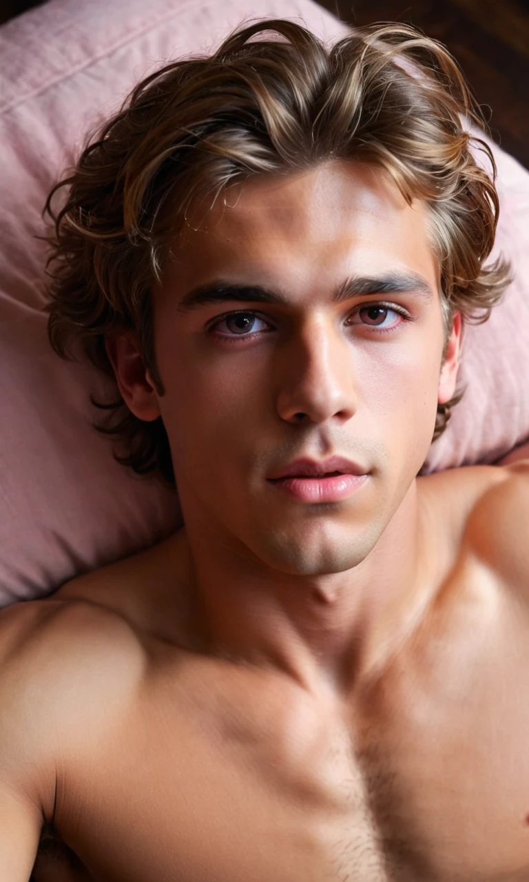 handsome young naked man, full frontal nudity, penis, masterpiece art, best quality ;o,, realistic face and hands on body :D;pink eyes with closed mouth:cinematic lighting from above ãbeautiful detailed hair ornament by Gail Sanguinosa 1naked boy lying prone to a sexually suggestive looking pov.