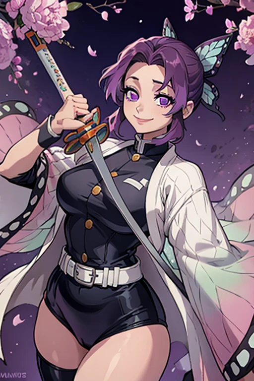 A pink haired woman with violet eyes with an hourglass figure in a Demon Slayer uniform is smiling in a flurry of peony petals