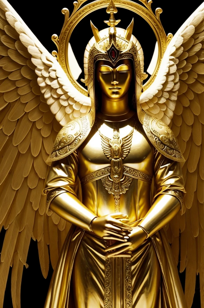 Lucifer (the most beautiful of angels) alas blancas enormes, armadura de oro, that shows wisdom, fuerza y pureza.
May it inspire respect and beauty and Light