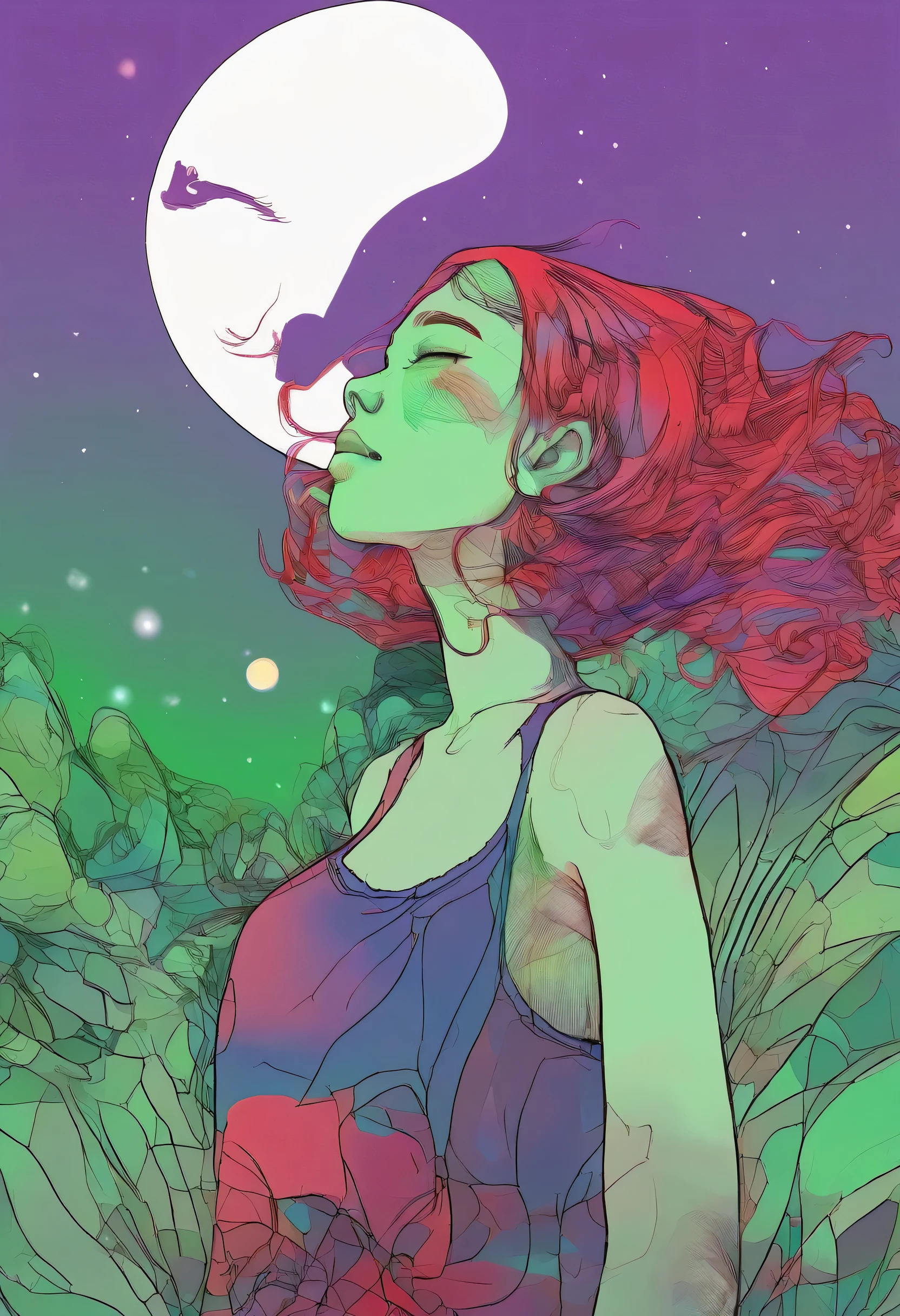 One girl, bangs,is short、sea-green Tank top、Red and blue gradient hair, Full moon、evening, ginkgo leaf, Slope, Slope background, Slope sky, Tank top、bangsis short、 Long Hair, moon, Spring Green Background, Purple Sky,  alone, sunset, Twilight, Upper Body, Green background, crimson sky, Malachite&#39;s Theme, Pop Surrealism , Highest quality、Drawing paper texture、pop surrealism
pop art
drawing、Fractal Art