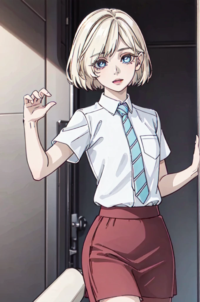 (masterpiece:1.2), best quality, high resolution, unity 8k wallpaper,(beautiful detailed eyes:1.6), extremely detailed face, perfect lighting, extremely detailed CG, (perfect hands, perfect anatomy),niinasugawara, niina sugawara, short hair, blue eyes, blonde hair,skirt, shirt, , white shirt, short sleeves, necktie, striped, collared shirt, shirt tucked in, striped necktie,(up skirt:1.8),(white :1.8),lift skirt,1 girl,