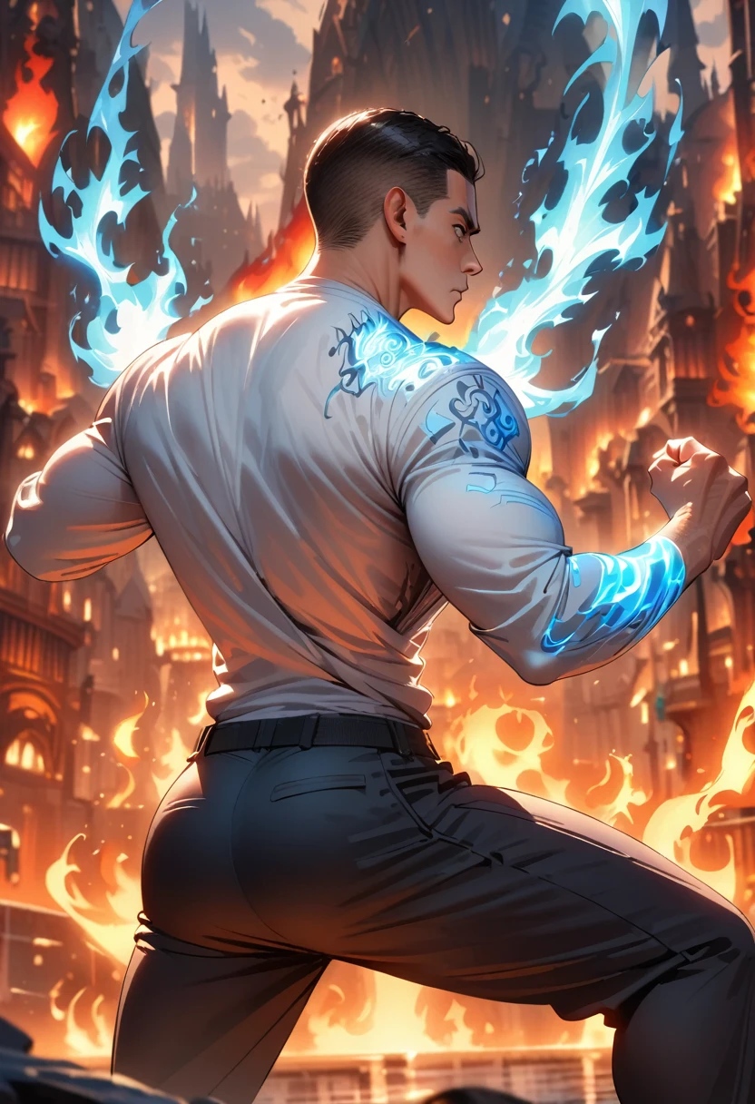 (Firefighter back:1.5), From the back,wearing a tattered shirt, combustion,flame, Luminescence, Dynamic poses, Fighting Stance, (fantasy city background), Pants,, Practical, masterpiece, Intricate details, Detailed background, Depth of Field, Fitness back,