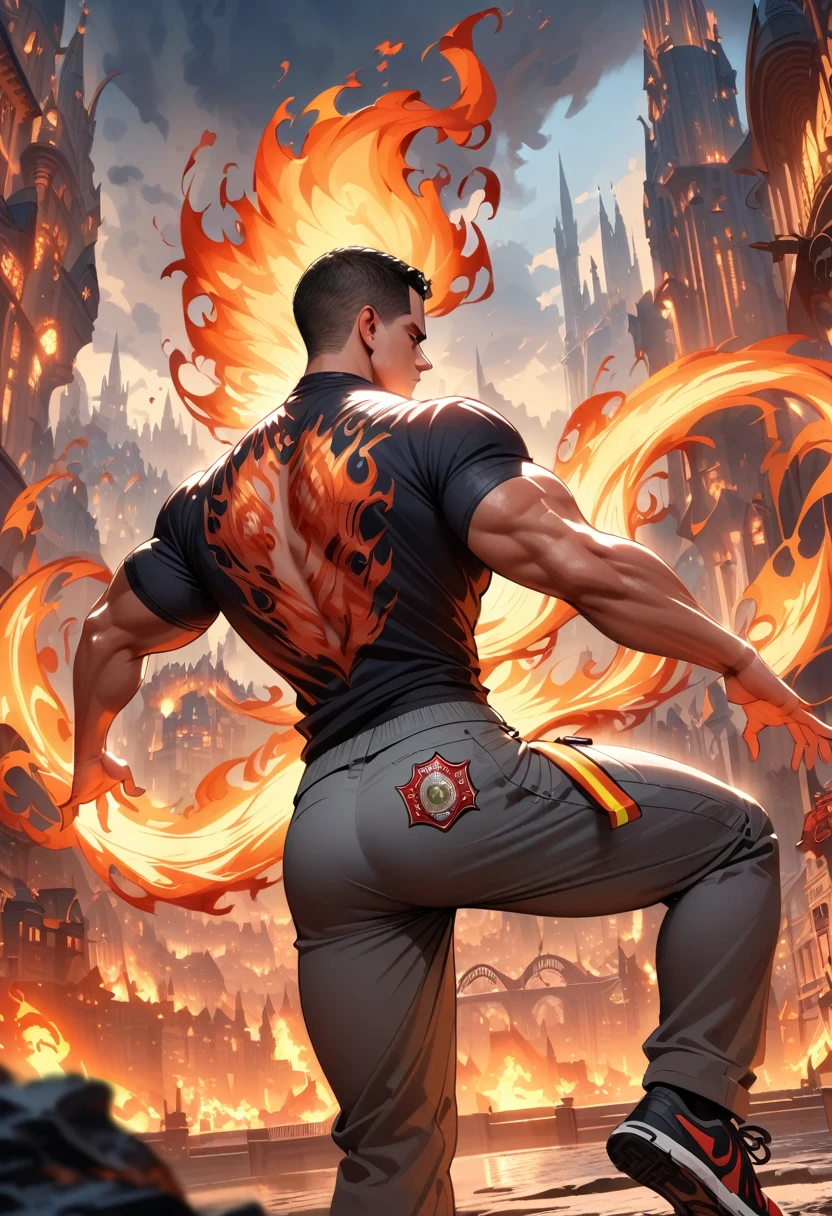 (Firefighter back:1.5), From the back,wearing a tattered shirt, combustion,flame, Luminescence, Dynamic poses, Fighting Stance, (fantasy city background), Pants,, Practical, masterpiece, Intricate details, Detailed background, Depth of Field, Fitness back,