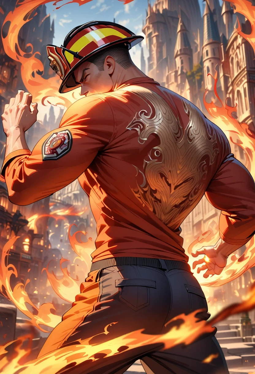 (Firefighter back:1.5),  From the back，wearing a tattered shirt, combustion,flame， Luminescence, Dynamic poses, Fighting Stance, (fantasy city background), Pants,, Practical, masterpiece, Intricate details, Detailed background, Depth of Field, Fitness back,