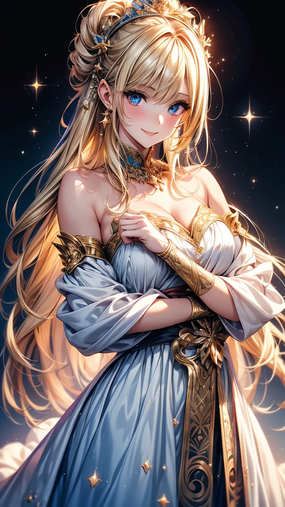 Highly Detailed CG Unity 8K Wallpaper, pretty girl, Mature blonde girl, Half Up,beautiful girl, Hot Maiden, Pale skin (super masterpiece, Fantasy art with intricate detail:1.5,Beautiful person, Well detailed face polluted smile, Her flat chest is completely hidden by her dress、Realistic, Surreal), Pray to the stars,Girl holding cute white cat with big eyes in her arms