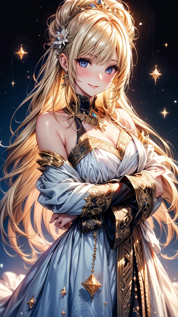 Highly Detailed CG Unity 8K Wallpaper, pretty girl, Mature blonde girl, Half Up,beautiful girl, Hot Maiden, Pale skin (super masterpiece, Fantasy art with intricate detail:1.5,Beautiful person, Well detailed face polluted smile, Her flat chest is completely hidden by her dress、Realistic, Surreal), Pray to the stars,Girl holding cute white cat with big eyes in her arms