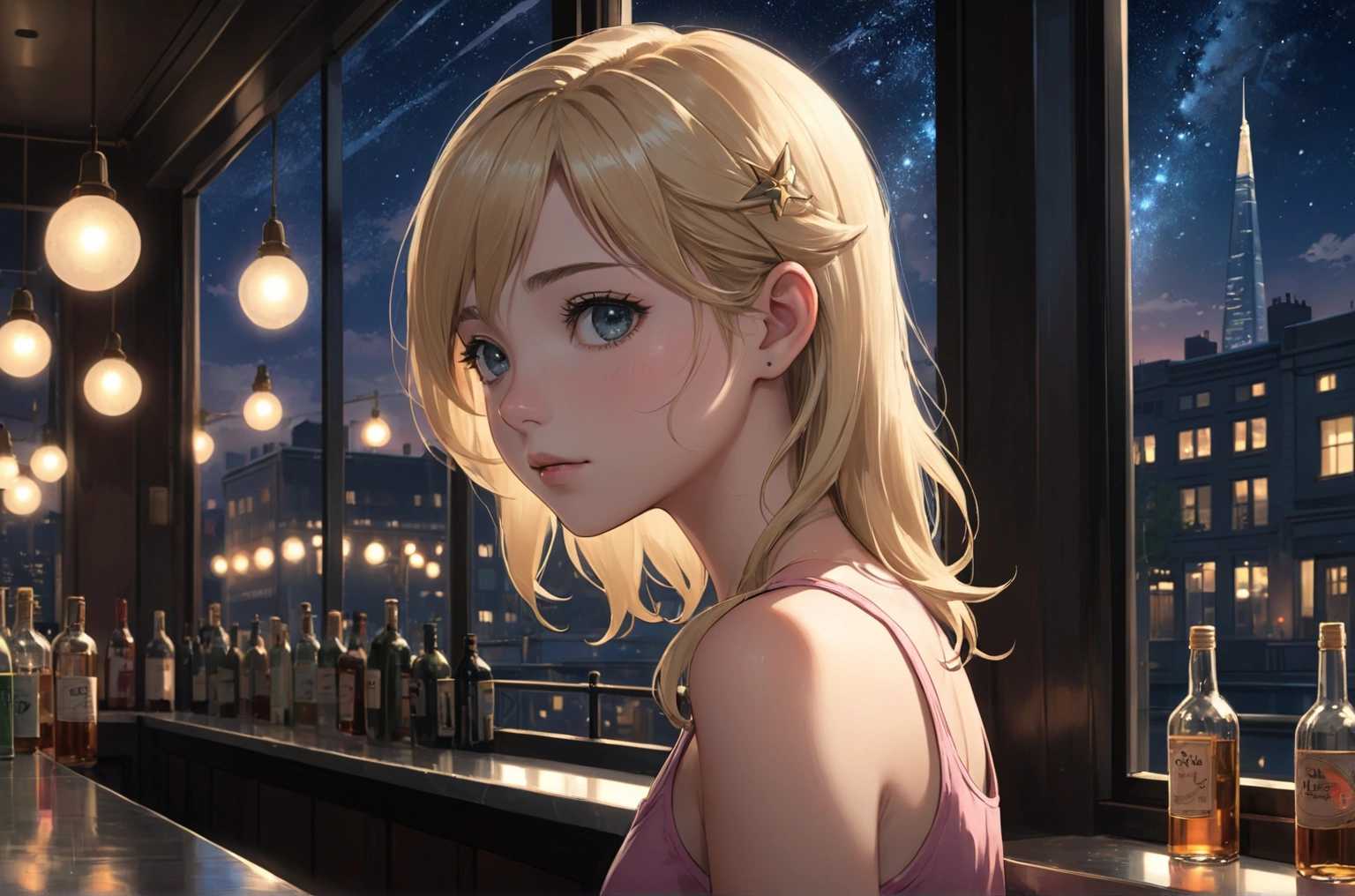 Uses Makoto Shinkai&#39;The depiction is perfect,Portrait of Halie Loren,8k 4k masterpiece photo ,London,Glass ceiling jazz bar,I can see the twinkling stars through the glass window.,that&#39;Outside in the dark night,Jazz is playing,Profile close-up,Beautiful profile,Blonde medium-long hair,Look in a different direction,Standing alone at the counter,A tight fitting pink tank top,Medium bust,A different store than before