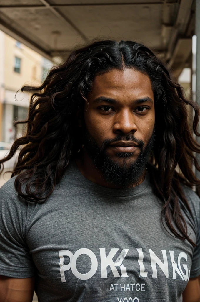 A black man with an ugly and fierce face, a very sturdy body, a bushy beard, and long, curly hair, wearing a shirt that said "parking "
