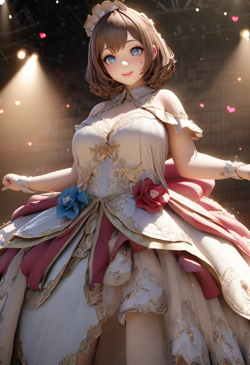 One Girl、Looking at the audience、
Beautiful Blue Eyes、Brown short hair、Mole under the eye、Plump and glossy lips、Heart-shaped choca、Idol、smile、ー、。.。.。.。.。.。.。.。.。.。.。.。.。.。.。.。.。.。.3D、Realistic、
Princess dress with too many frills、Drape clothes、gem、The decoration has been removed、Floral、Lace trim、bright stage、
masterpiece、highest quality、8k、Detailed skin texture、Detailed cloth texture、Beautifully detailed face、Intricate details、Very detailed、
超A high resolution、8K Ultra HD、Film Grain、Best Shadow、delicate、Staring at the audience、front