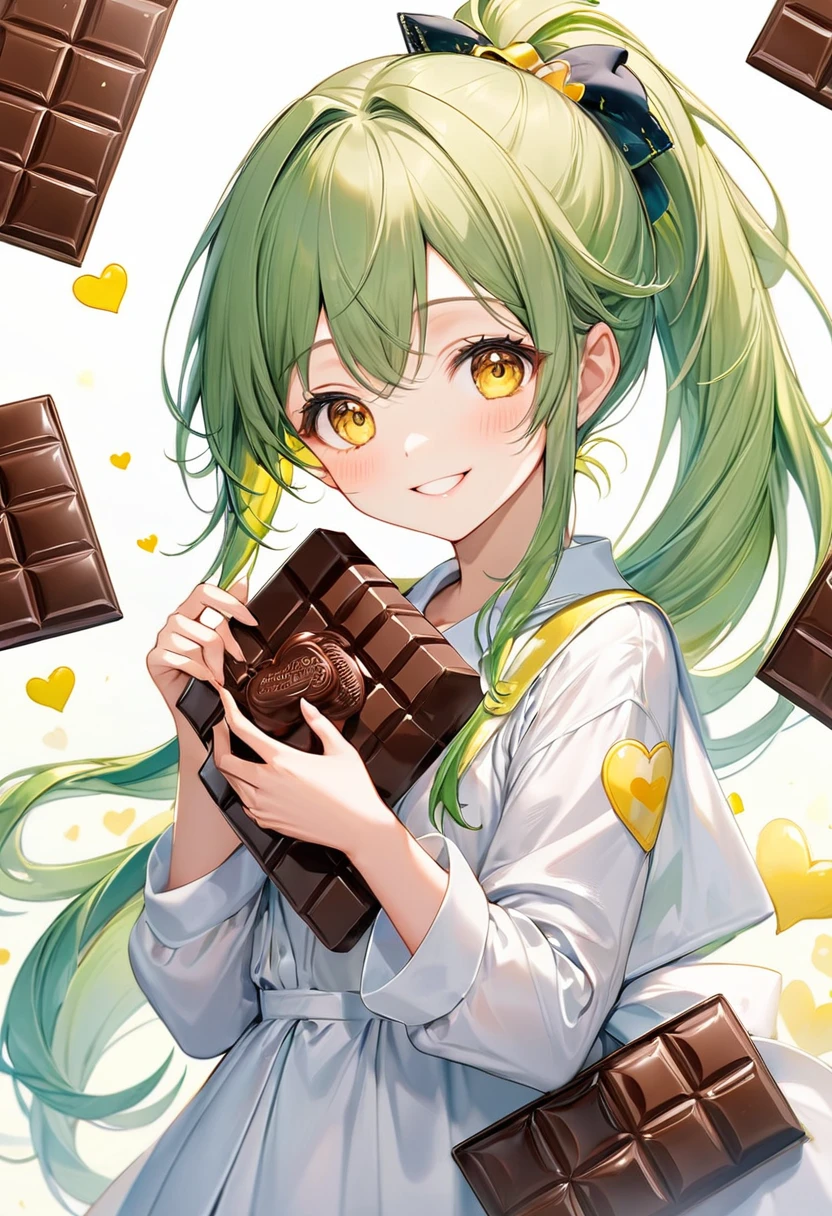 (15 yo, solo ponytail green hair long hair cute girl, cute yellow eyes, love smile), (hand holding a biggest:1.2 shape of number 3:1.5 for chocolate), perfect ???????, masterpiece, best quality, 16k, beautiful detailed grow, daydreaming expression.
