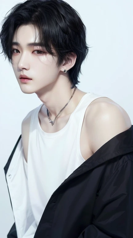 a close up of a person wearing a white shirt and a black jacket, cai xukun, delicate androgynous prince, black haired yoongi, jinyoung shin, min yoongi, suga of bts, kpop idol, beautiful androgynous prince, jung jaehyun, wonbin lee, hyung tae, sui ishida with black hair, by Yanagawa Nobusada, yuya nagai, with short hair