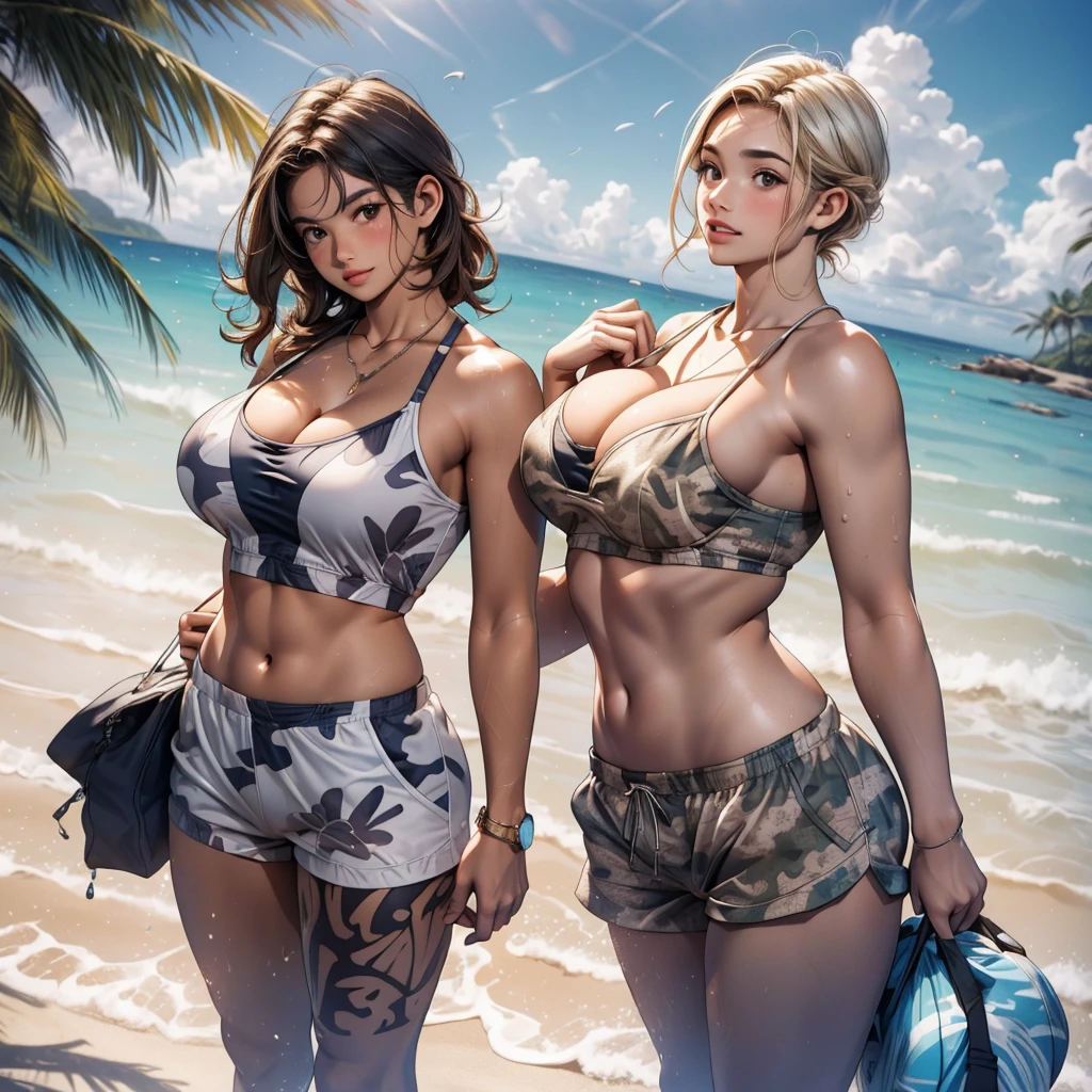 A group of three young incredibly busty adult European women, representing different ethnicities and characteristics wearing (camo printed white onepiece) swimsuits, wide thicc hips, slim waist, incredibly busty (beach) sand, water, sky, noon ((A handsom man in shorts stands between the woman))