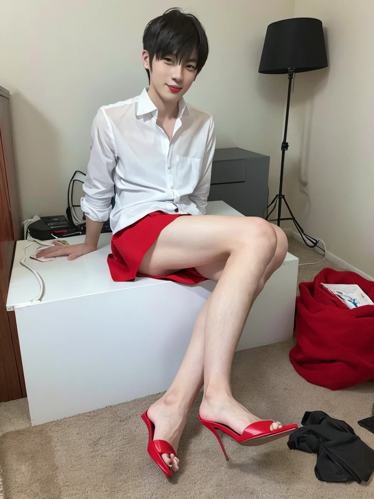 24 year old handsome man, good looking, beautiful boy, hairy, slim, fair skin, Japanese, barefoot, best quality, black skirt, white shirt, red lipstick, foot fetish, looking at camera, black stiletto heels, long legs