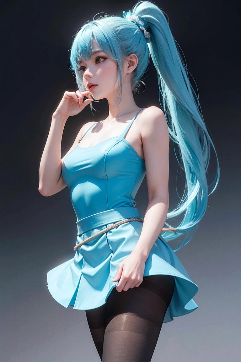 Cyan bodysuit,hair accessories,long ponytail,pantyhose,skirt,beautiful background,detailed background,hands tied with rope