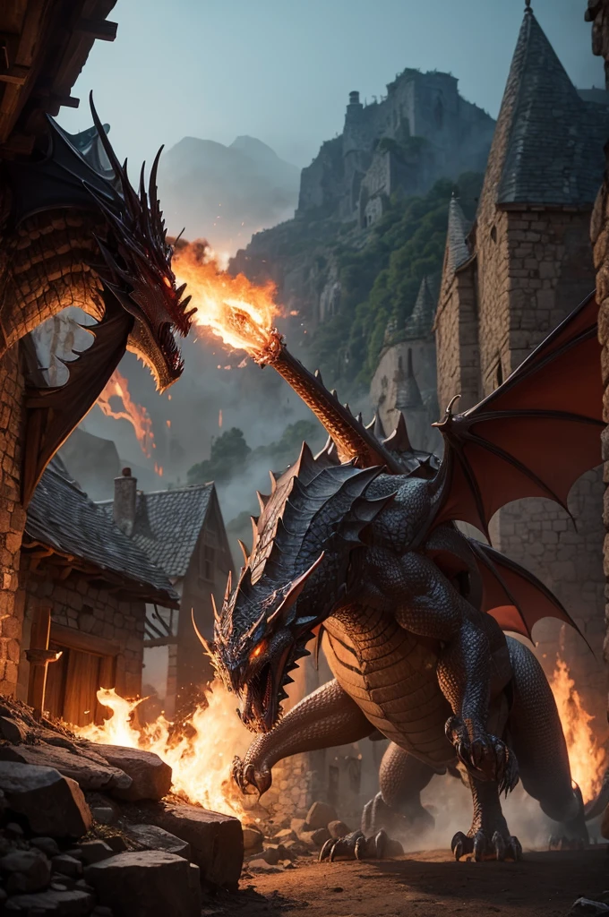 Imagine a medieval village and there is a hero knight fighting a dragon breathing fire